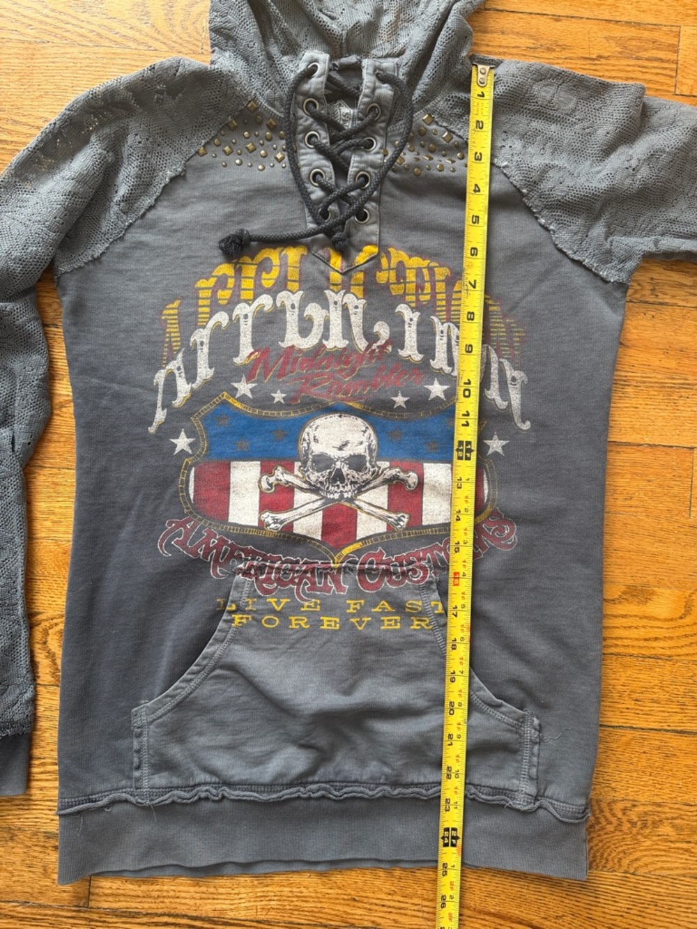Affliction Women’s Gray Lace-Up Hoodie with Patriotic Skull Graphic - Picture 3 of 7